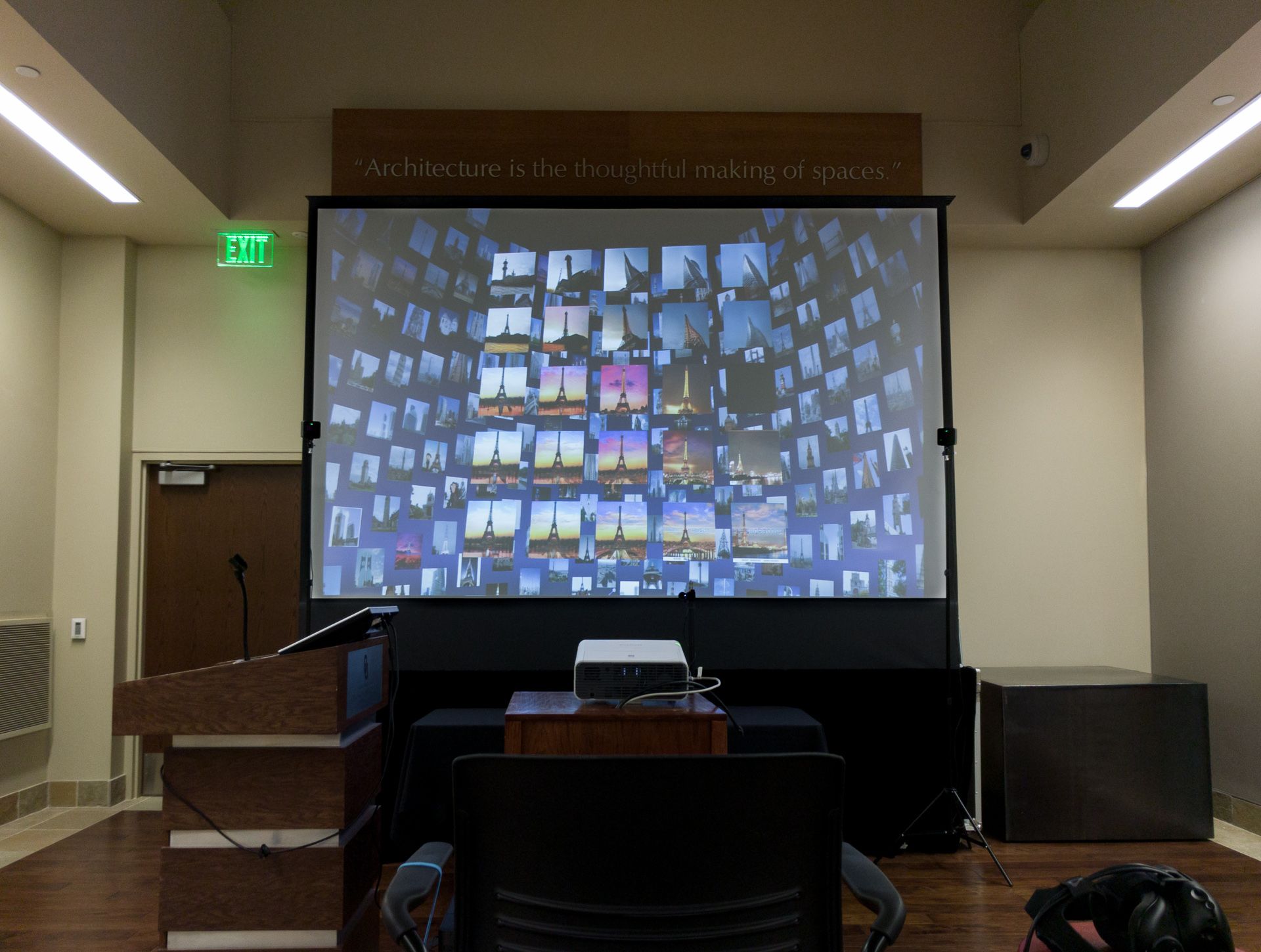Installed with projection accompanying interior VR space for viewer to results of collaborative work.